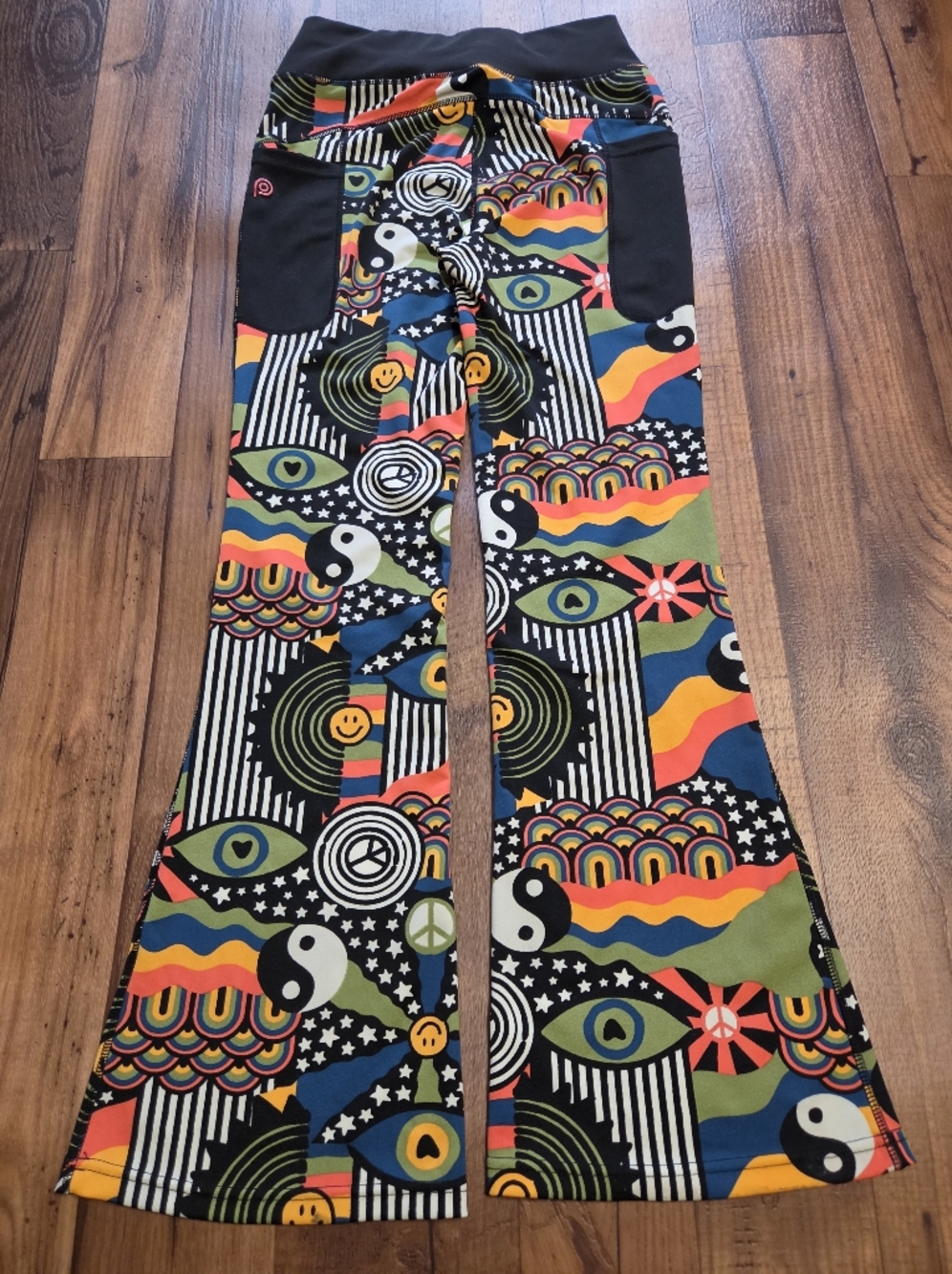 Pop Fit Retro Psychedelic Pattern Flare Leggings With Pockets. Sz L - Picture 6 of 6
